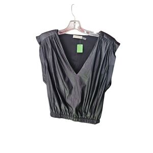 Ramy Brook Black V-Neck Vegan Leather Blouse